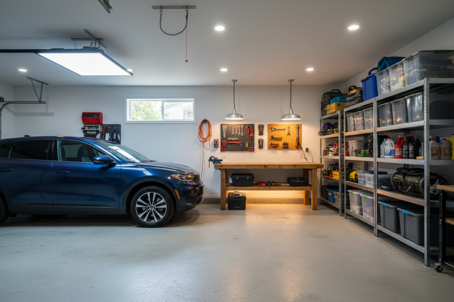 Wide view of a multi-use garage with bright ceiling lighting, a parked vehicle, a workbench area, shelving, and clear walking paths