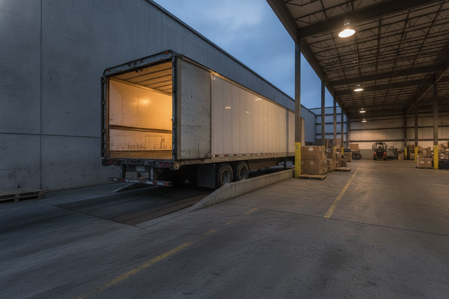 Loading dock at dusk with a lit trailer opening, dock apron, and overhead fixture coverage showing the dock floor and threshold area