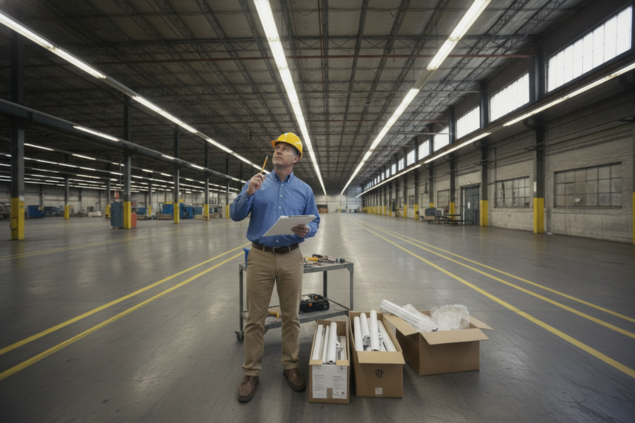 Retrofit lighting layout check inside an industrial room with overhead fixtures, floor aisles, and a technician reviewing ceiling spacing from the ground