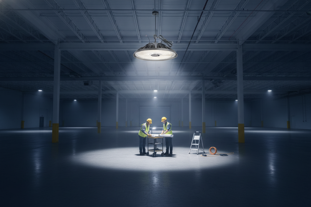 Industrial warehouse high bay LED fixture hanging above open floor space