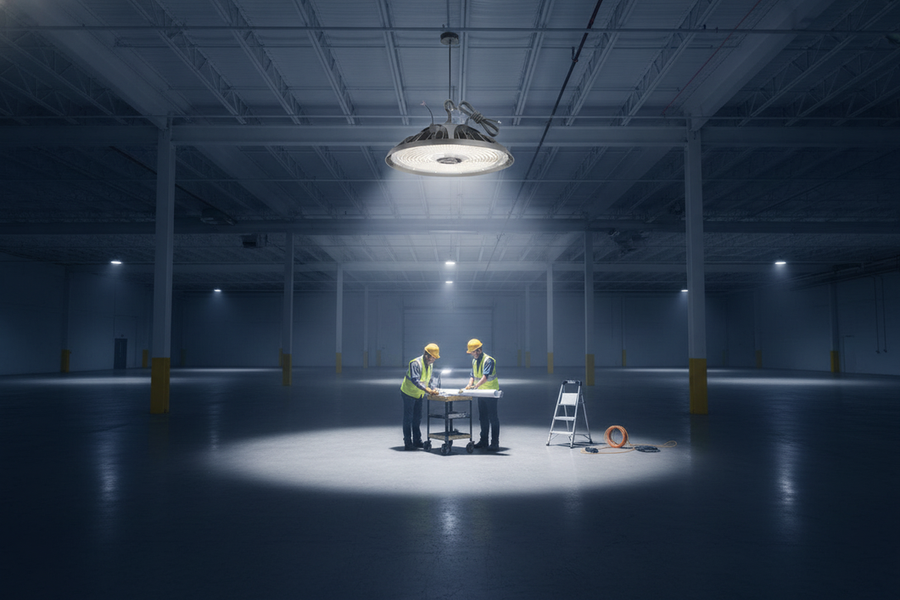 Industrial warehouse high bay LED fixture hanging above open floor space