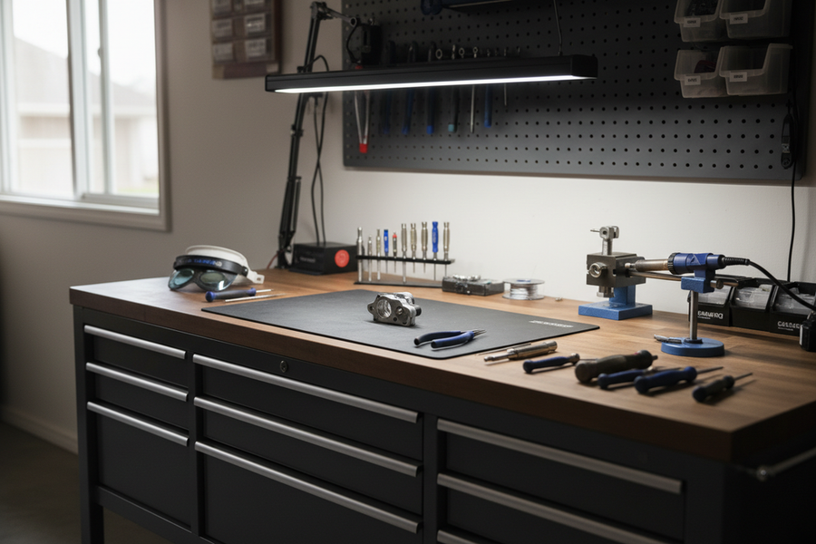 A bright workshop bench with a small part, hand tools, and a focused overhead task light creating clear sight lines and minimal shadows