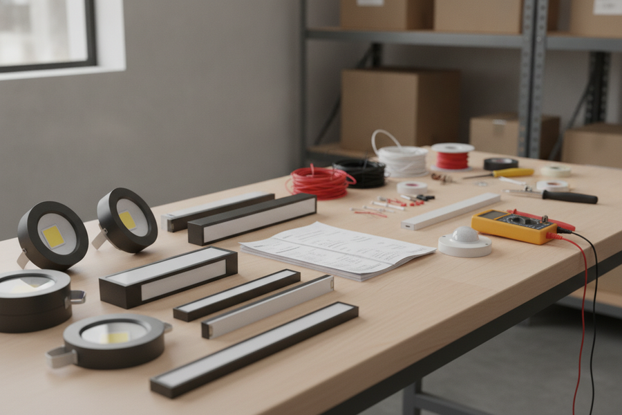 Commercial LED fixtures and controls on a workbench during a compatibility review