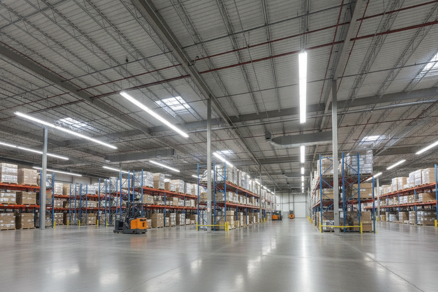 Documentary-style view of a warehouse ceiling with multiple hanging fixtures lighting open floor space between aisles and storage racks