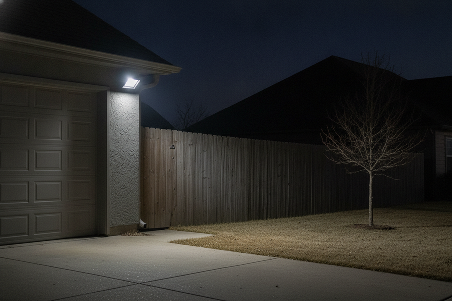 Outdoor light fixture near a property boundary causing glare toward a neighboring yard at night