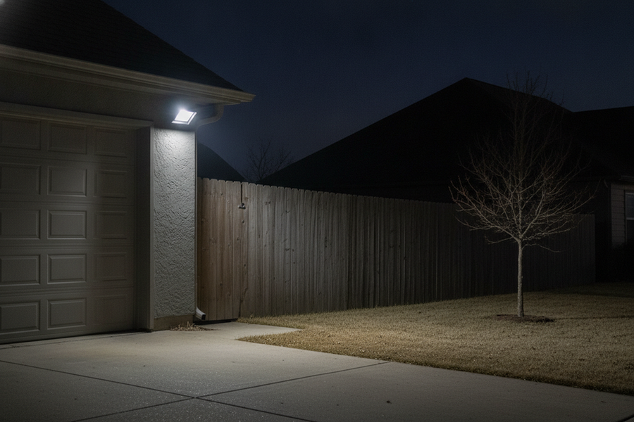 Outdoor light fixture near a property boundary causing glare toward a neighboring yard at night