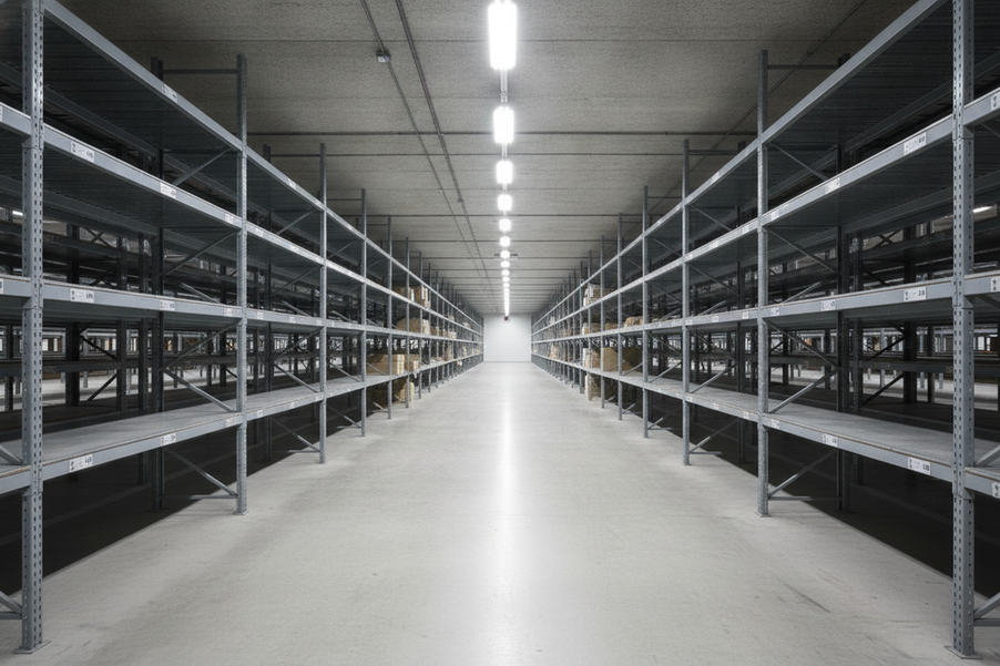 Warehouse aisle showing bright floor lighting but darker rack faces and labels on vertical storage surfaces