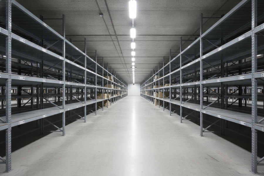 Warehouse aisle showing bright floor lighting but darker rack faces and labels on vertical storage surfaces
