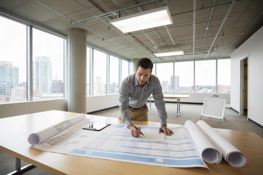 Commercial lighting fixtures and a contractor reviewing a quote with plans on a desk in an office setting