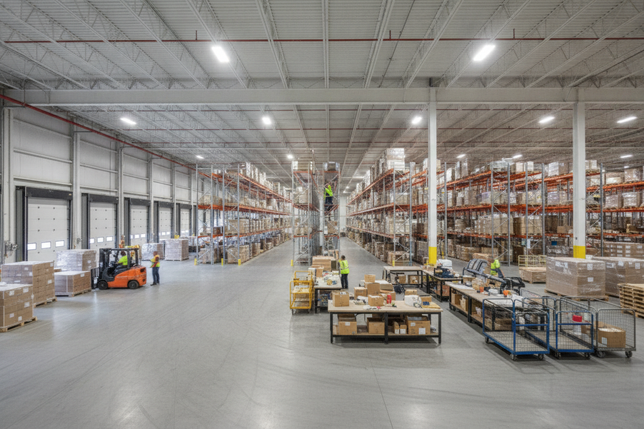 Wide warehouse interior showing separate receiving, picking, packing, and staging zones with overhead industrial lighting