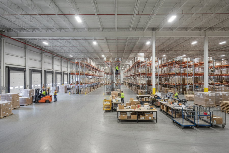 Wide warehouse interior showing separate receiving, picking, packing, and staging zones with overhead industrial lighting