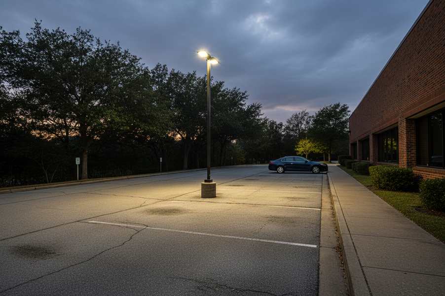 Outdoor motion sensor parking lot light mounted on a pole above a paved lot at dusk, showing the fixture and detection area for troubleshooting false triggers