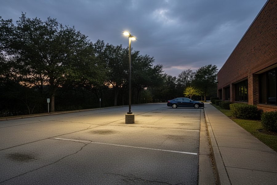 Outdoor motion sensor parking lot light mounted on a pole above a paved lot at dusk, showing the fixture and detection area for troubleshooting false triggers