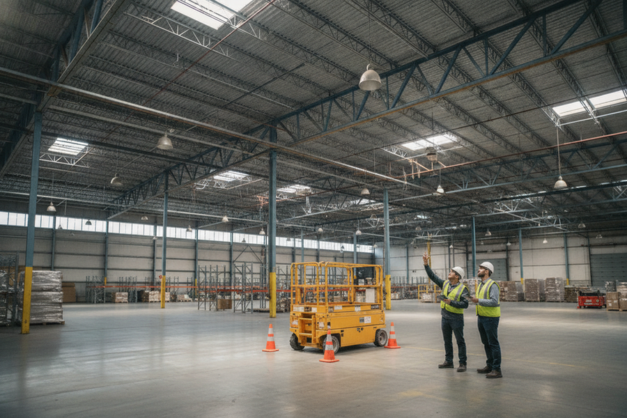 Occupied warehouse lighting retrofit planning with a documented work zone, lift access, and an electrician reviewing fixtures before the first phase.