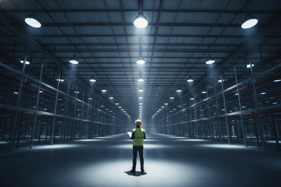 Commercial warehouse lighting audit with overhead LED fixtures, dark aisles, and a technician checking coverage in an industrial space