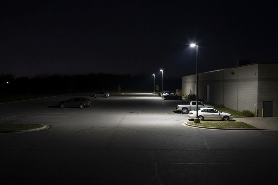 Commercial LED parking lot light mounted high above a large outdoor lot at night, providing broad area illumination