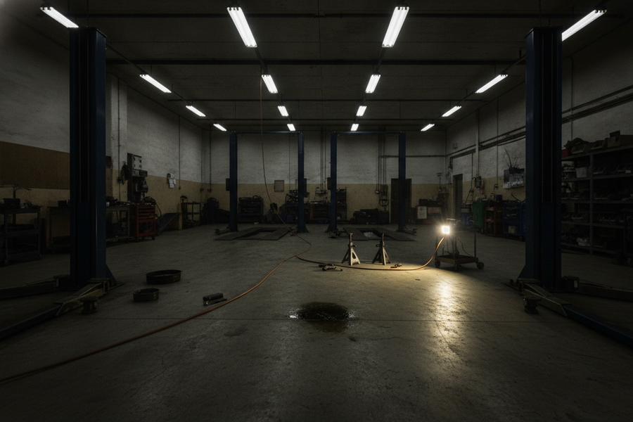 Commercial lighting troubleshooting scene showing a warehouse-style aisle with overhead fixtures, a dark task area on the floor, and an uneven light pattern that looks bright overhead but weak where work happens.