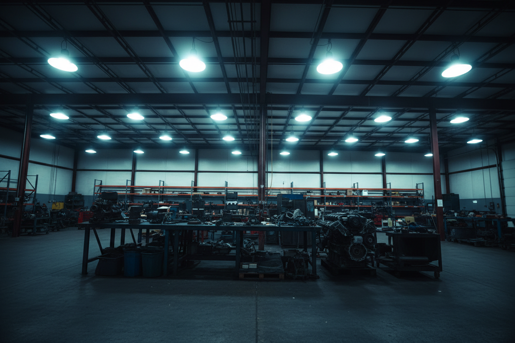 Commercial warehouse ceiling lighting with bright fixtures overhead and a work area that still looks dim below