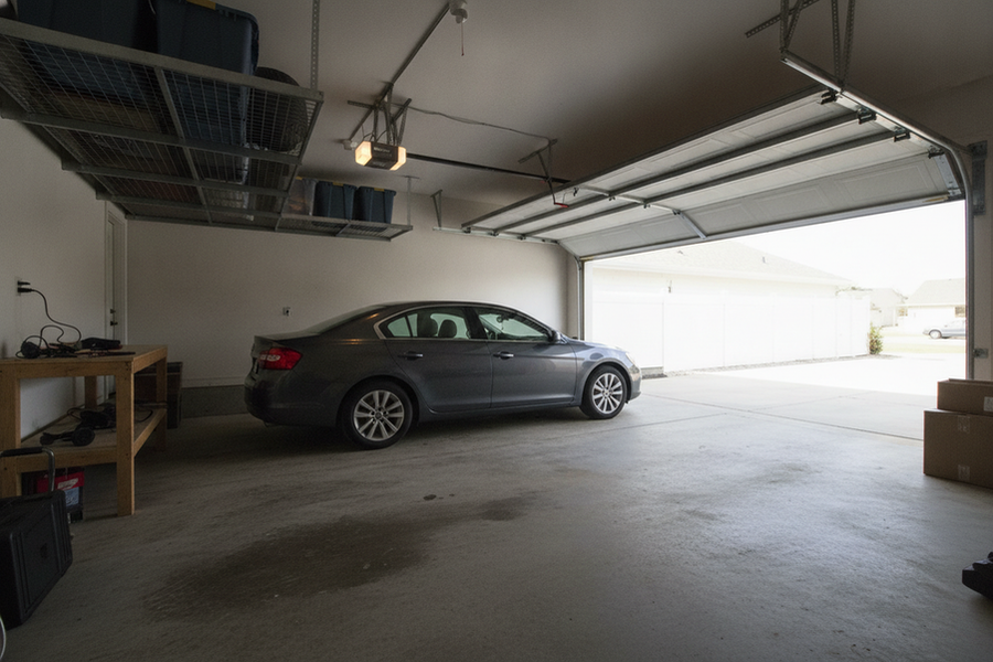 Garage ceiling with an open overhead door, visible tracks, storage, and a parked vehicle showing blocked and clear lighting zones