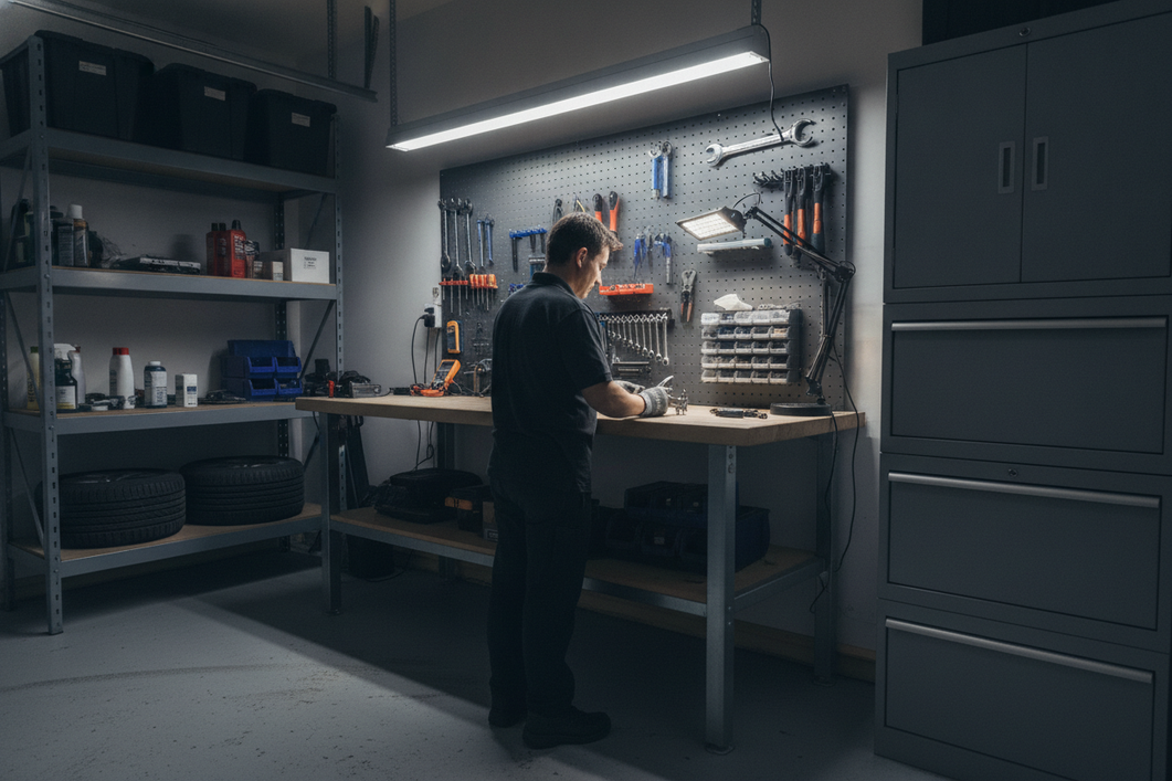 Garage workbench lit from above with hands, small parts, and tools visible on the work surface