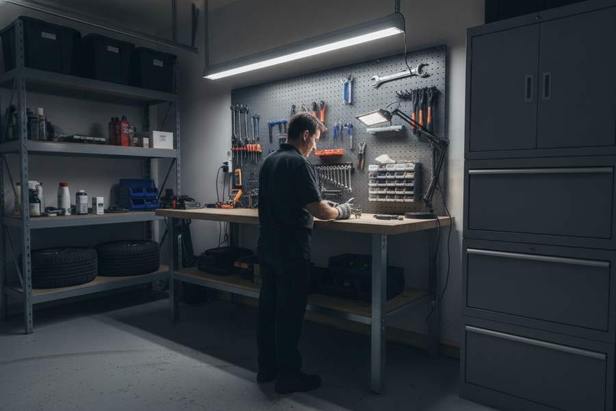 Garage workbench lit from above with hands, small parts, and tools visible on the work surface