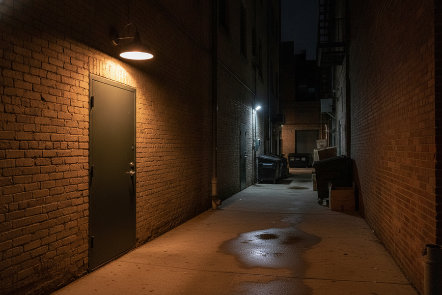 Narrow commercial alley with a wall-mounted outdoor light illuminating the walkway, doors, and opposite wall at night