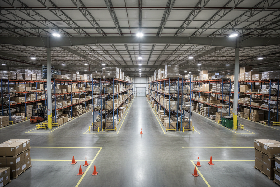 Warehouse high-bay sensor zone planning with ceiling fixtures, aisles, and marked work areas