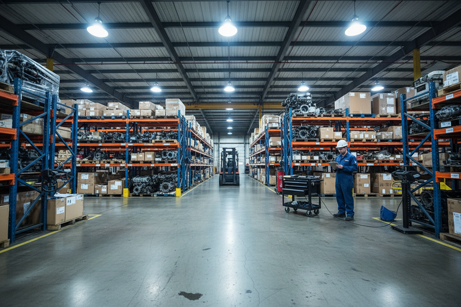 Industrial high bay light in a large warehouse ceiling, shown as an example of commercial lighting layout planning