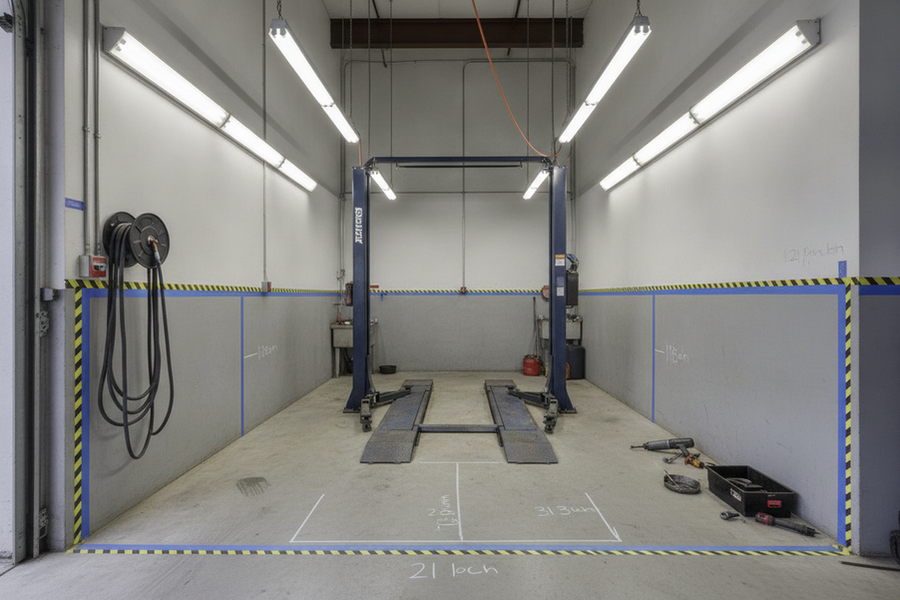 Narrow auto service bay with a vehicle lift, overhead shop lights, and measured floor and ceiling clearances