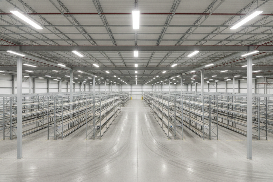 Commercial warehouse high bay LED lights in a large industrial interior, shown as a realistic lighting comparison scene