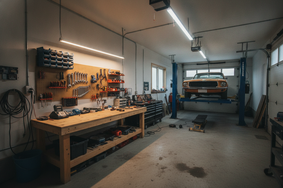 Long narrow garage workshop with a linear ceiling light row over a bench and vehicle work area