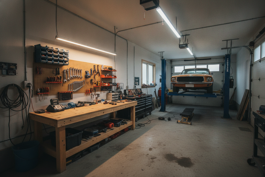 Long narrow garage workshop with a linear ceiling light row over a bench and vehicle work area