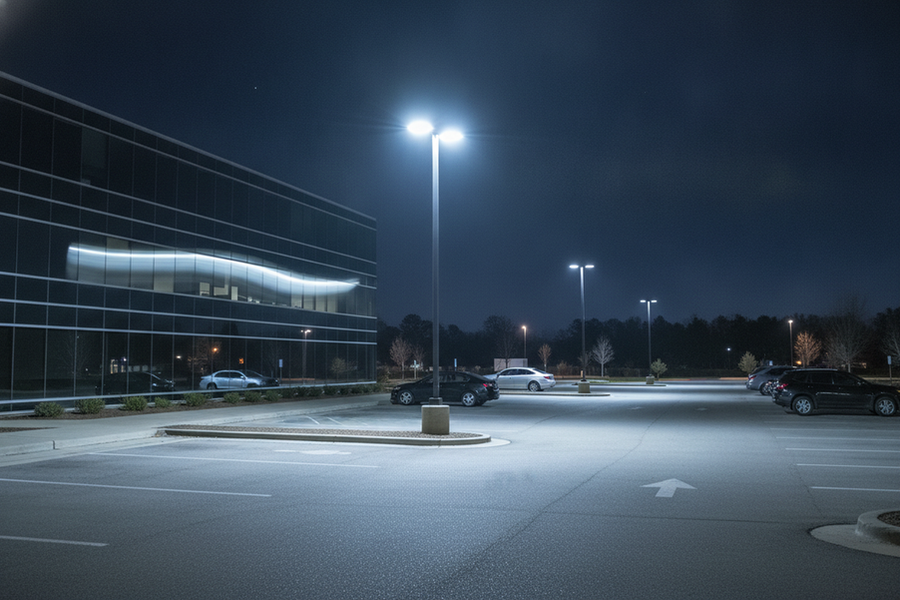 Outdoor commercial light glare seen from a parking lot viewpoint with the lamp, lit pavement, and nearby building surface in frame