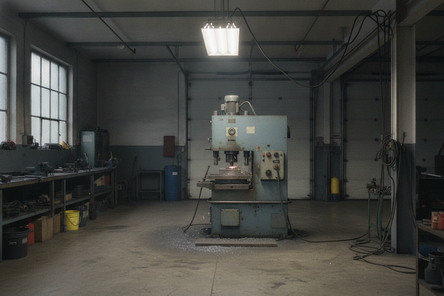 Industrial LED high bay fixture in a workshop ceiling with one machine running below, documentary-style lighting troubleshooting scene