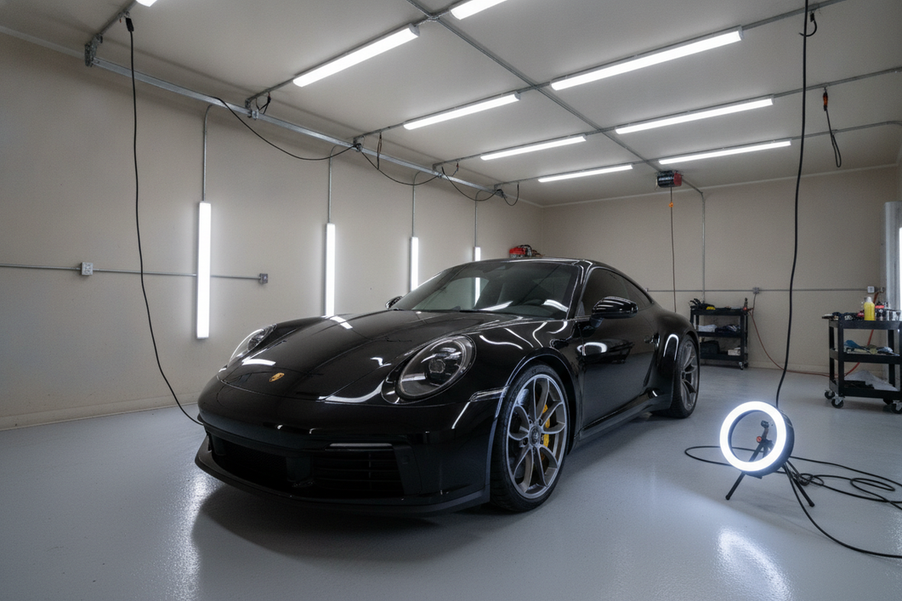 Detailing bay with bright overhead garage lights reflecting across a car hood while a side light creates a second view for paint inspection