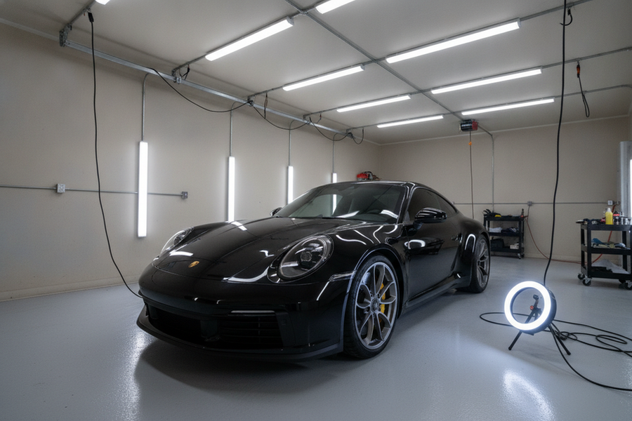 Detailing bay with bright overhead garage lights reflecting across a car hood while a side light creates a second view for paint inspection