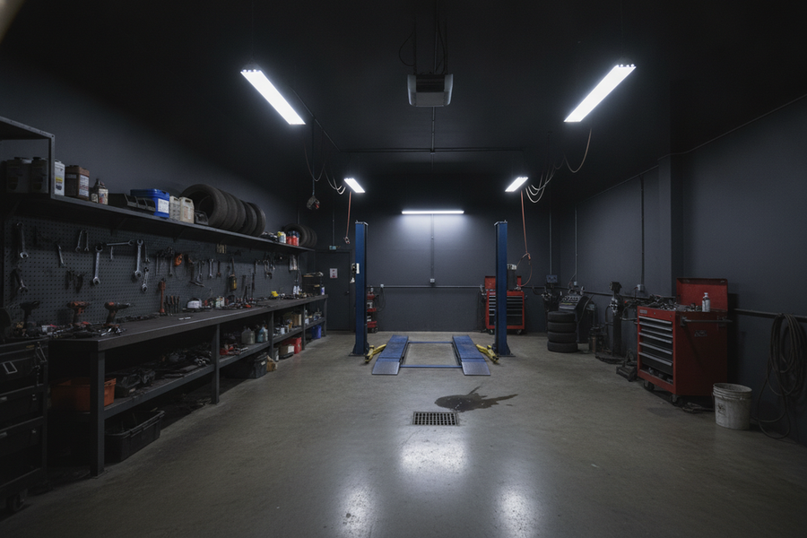 Dark-walled workshop with bright ceiling fixtures, a garage bay, and work surfaces that still look dim