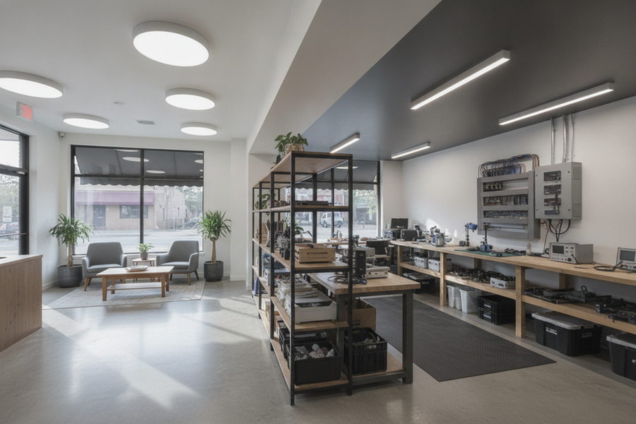 Small commercial interior showing panels and linear fixtures used in different zones