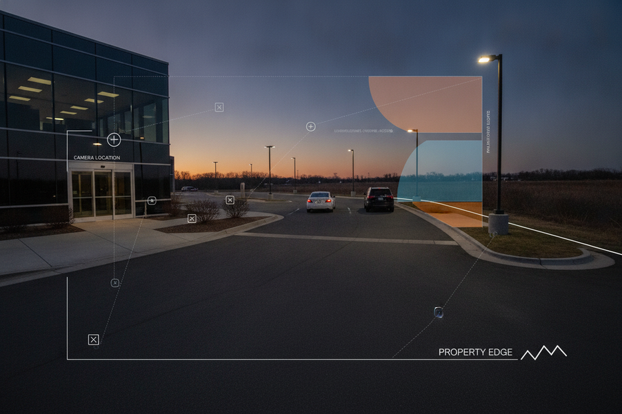 Annotated parking lot entrance map showing vehicle paths, pedestrian crossings, doors, cameras, mounting points, and property edge boundaries