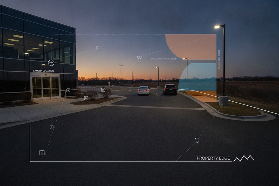Annotated parking lot entrance map showing vehicle paths, pedestrian crossings, doors, cameras, mounting points, and property edge boundaries