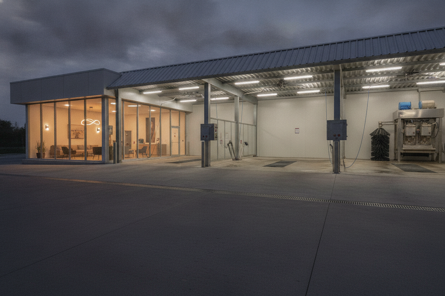 Car wash lighting plan showing a waiting area, vehicle approach, service bay, and wash-adjacent zone under different overhead fixtures