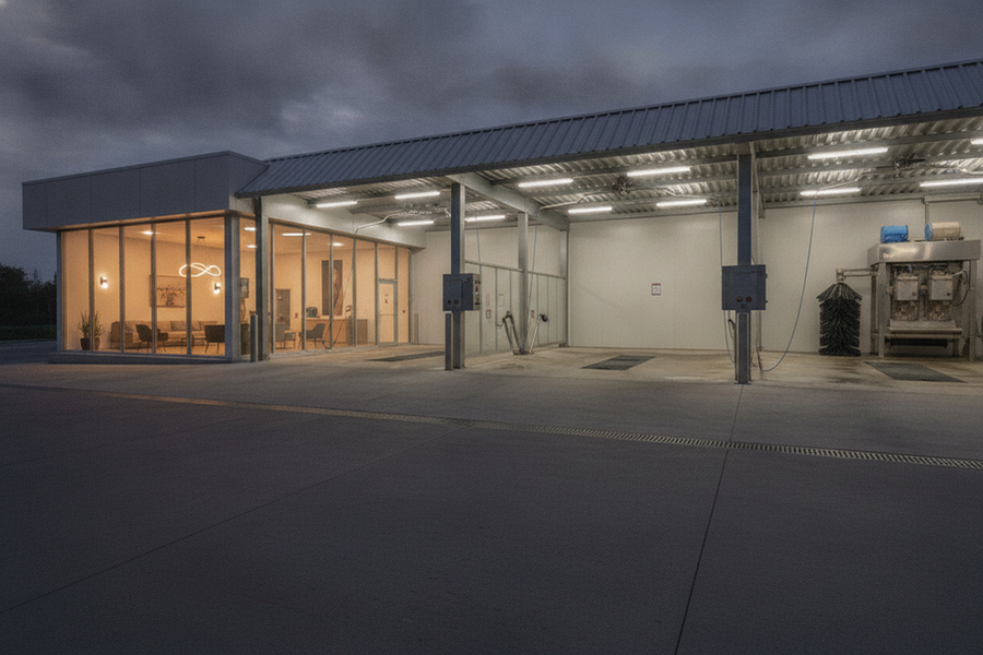 Car wash lighting plan showing a waiting area, vehicle approach, service bay, and wash-adjacent zone under different overhead fixtures
