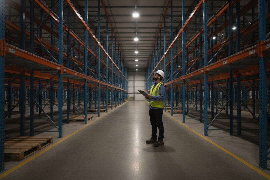 Warehouse high-bay light testing in a dim aisle, with a worker checking visibility on shelves and floor paths