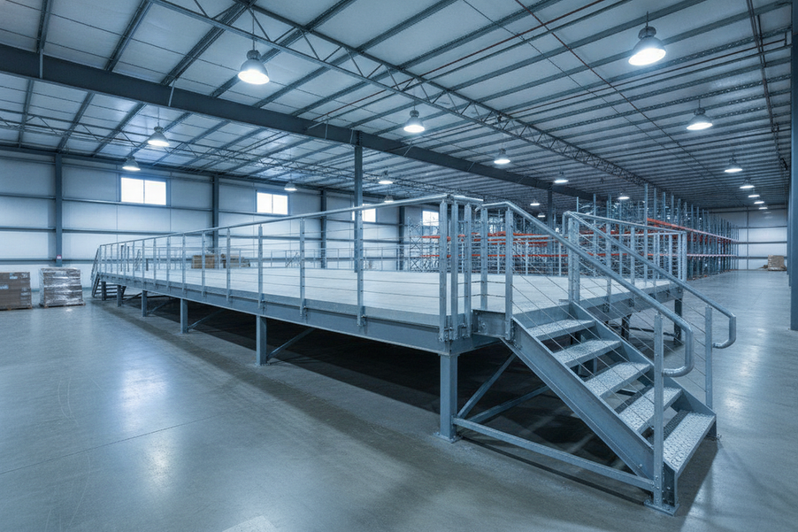 Warehouse mezzanine with overhead LED lighting over the upper deck, stair access, and open lower level in a documentary-style industrial interior