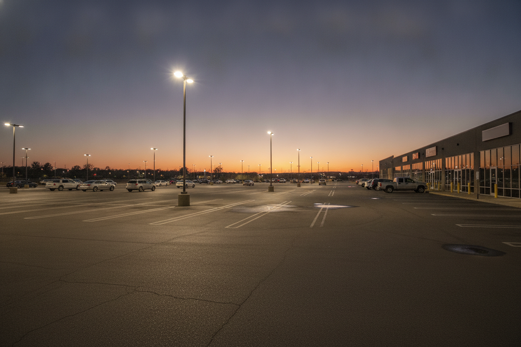 Parking lot with pole-mounted LED lights illuminating drive aisles and parking spaces at dusk