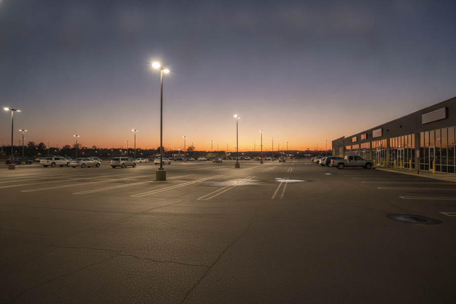 Parking lot with pole-mounted LED lights illuminating drive aisles and parking spaces at dusk