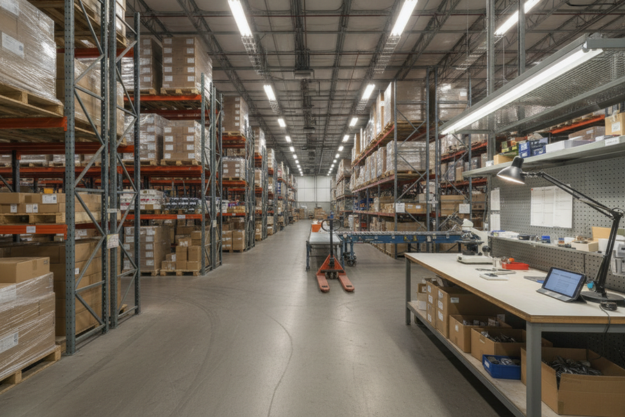 Warehouse aisle with storage racks and a nearby inspection bench under overhead industrial lights