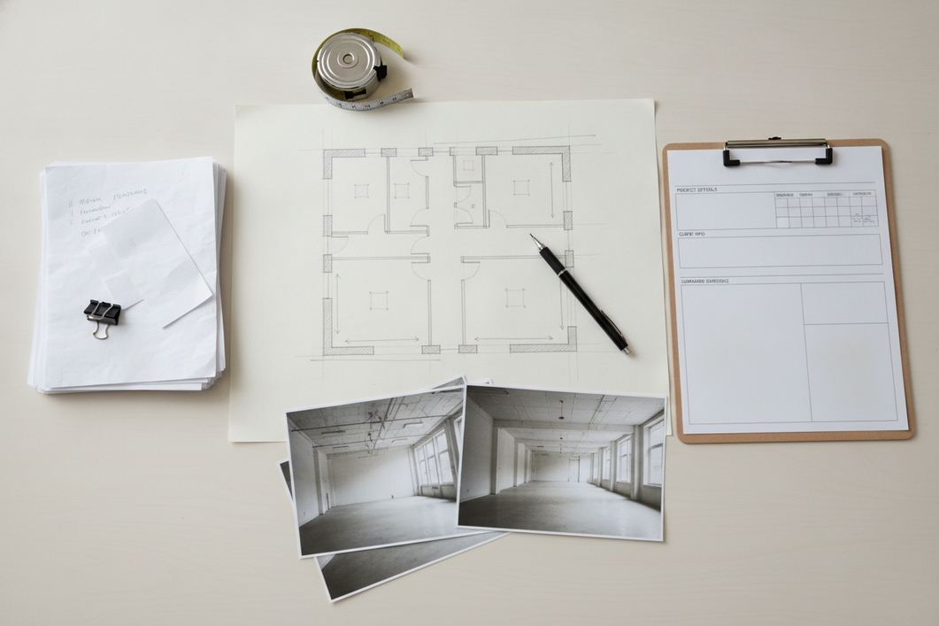 Commercial lighting project brief with a zone sketch, measurements, and labeled photos for a warehouse aisle lighting layout