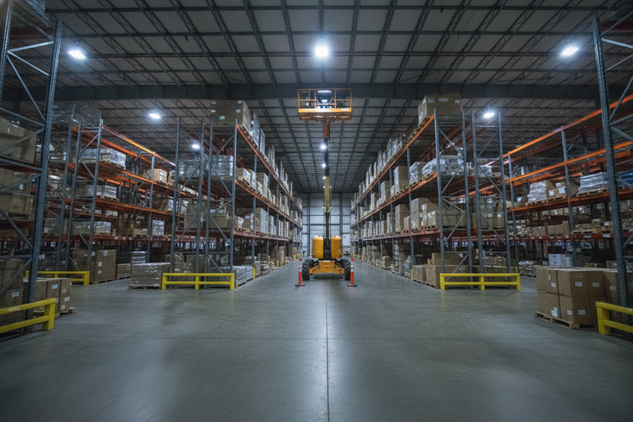 Commercial warehouse high bay lighting in a large industrial interior, viewed from the floor with elevated fixtures and access equipment visible
