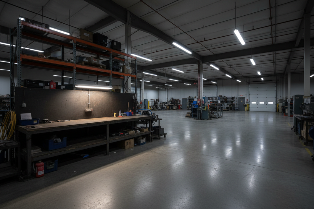 Commercial warehouse lighting with bright floor but dim work surface on a bench and racks